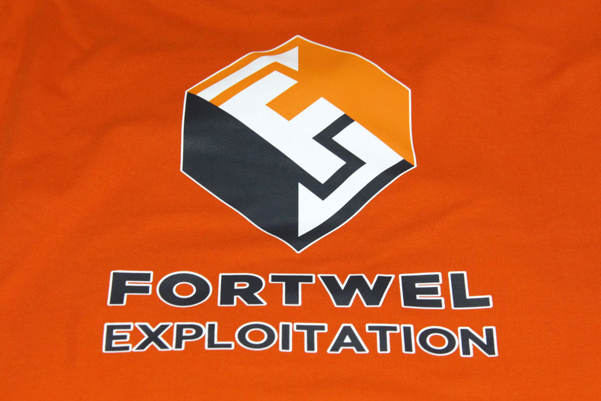 Фотография фрагмента оранжевой футболки с логотипом FORTWEL