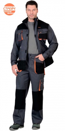 Костюм "МАНХЕТТЕН" куртка дл., брюки т.серый с оранж. и черным тк. стрейч пл. 250 г/кв.м. Уменьшенная фотография.