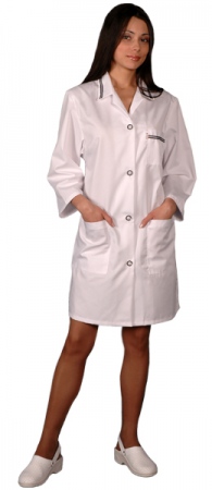 Халат медицинский женский с рукавом 7/8 белый. Уменьшенная фотография.